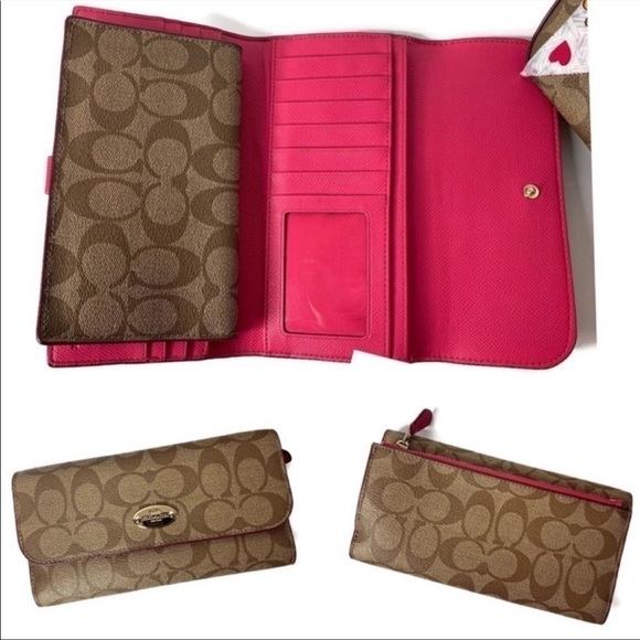 Coach Khaki Brown Pink Signature C Tote Bag Wallet Check Scarf Set 34603 Barbie - Picture 5 of 8